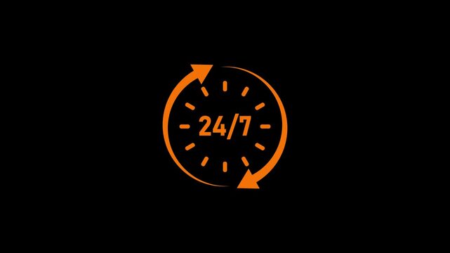 24 by 7 clock white line animation. Chronometer animated icon. Spinning lines, scaling digits. Time management.