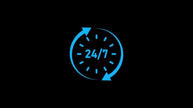 24 by 7 clock white line animation. Chronometer animated icon. Spinning lines, scaling digits. Time management.