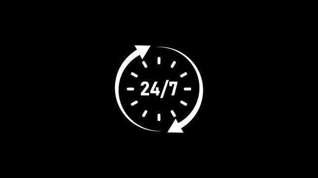24 by 7 clock white line animation. Chronometer animated icon. Spinning lines, scaling digits. Time management.