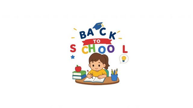 Cartoon girl studying at desk for back to school animation