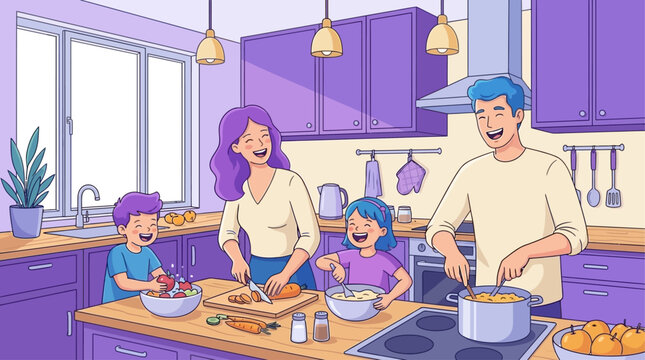 Joyful young family preparing healthy meal together in modern home kitchen interior, mother father children bonding over culinary activity, flat vector illustration of domestic lifestyle.
