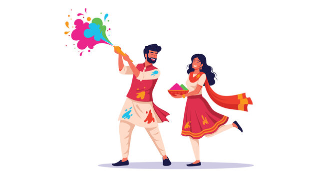 Indian couple joyfully celebrating the Holi festival by throwing vibrant colored powders and dancing together on white.