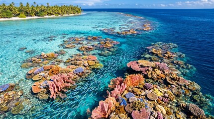 Vibrant coral reef ecosystem with clear turquoise water and tropical island © Sachini