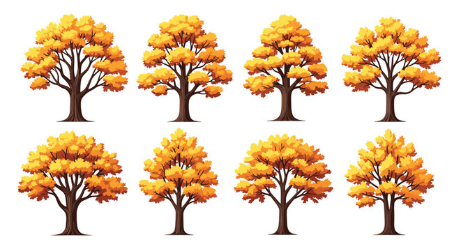 Collection of eight pixel art autumn trees with orange and yellow foliage set against a clean white background for seasonal design.