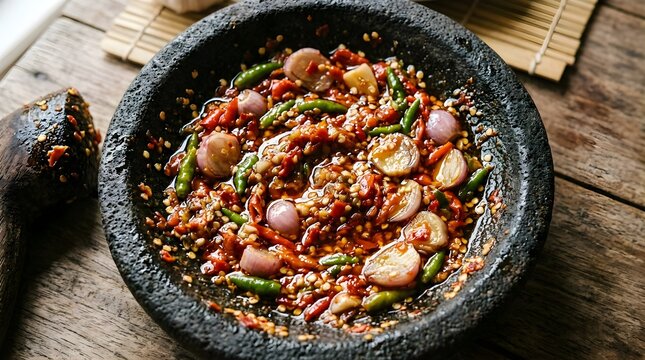 Traditional Indonesian sambal chili paste with shallots in stone mortar cobek.