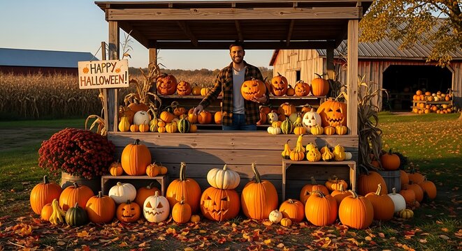 Happy halloween man at pumpkin patch stand with carved pumpkins