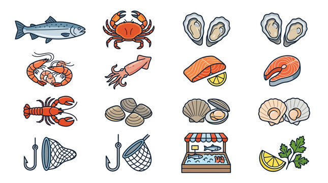 Seafood icons including fish and shellfish.