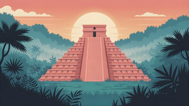 Flat vector illustration of an ancient Mayan pyramid in the tropical jungle at sunset.