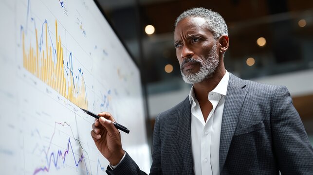 Business executive comparing AI-forecast vs actual data graphs