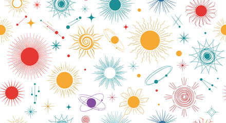 Fototapeta premium Beautiful seamless pattern displays various celestial symbols including suns, stars, planets, and moons in vibrant colors.