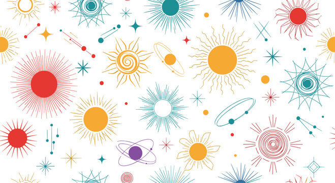 Beautiful seamless pattern displays various celestial symbols including suns, stars, planets, and moons in vibrant colors.