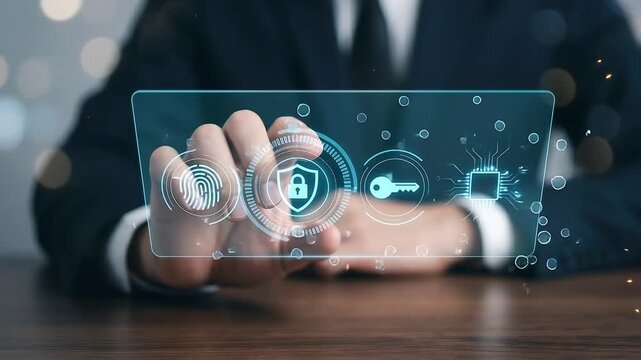 Passwordless Login and Cybersecurity Concept: Floating Neon Blue-Teal Holographic Interface with Fingerprint Scanner, Shield, and Key Nodes above Blurred Hand