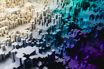 Fototapeta premium Abstract 3D artwork of pixelated cubic structures arranged in a gradient color sequence, creating a futuristic urban-like scene.
