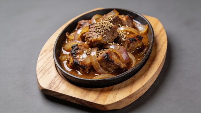 Sizzling cumin mutton served on hot plate, isolated food photography