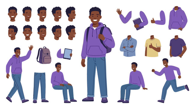 Comprehensive African American male character creation kit featuring a cheerful young adult student or volunteer with various body parts, hand gestures, and poses for modular animation.
