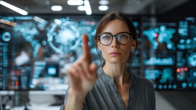 Businesswoman coordinating AI insights in futuristic office setting