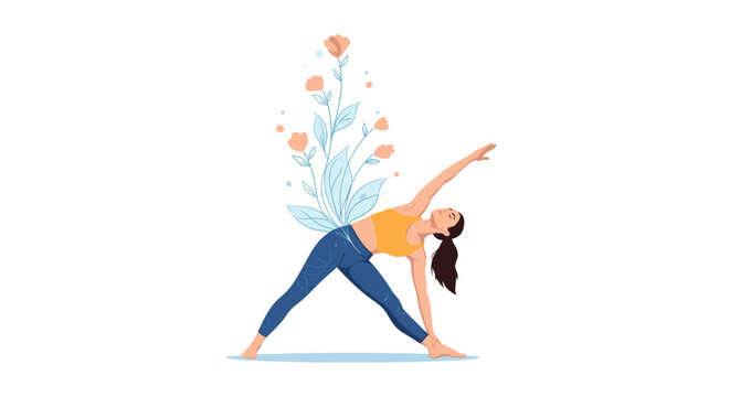 Woman performing a yoga triangle pose is shown with beautiful blue and orange flowers growing from her spine.
