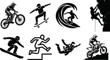 Extreme sports vector icons set featuring silhouettes of mountain biking skateboarding surfing rock climbing and snowboarding © Bulbuli