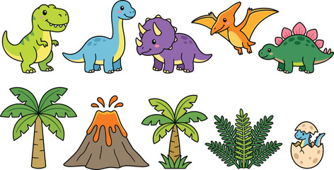 Cute Prehistoric Dinosaur Vector Icon Set with Cartoon Tyrannosaurus Rex, Triceratops, Stegosaurus, Pterodactyl, Hatching Egg, and Volcanic Landscape Elements for Children © Ismail