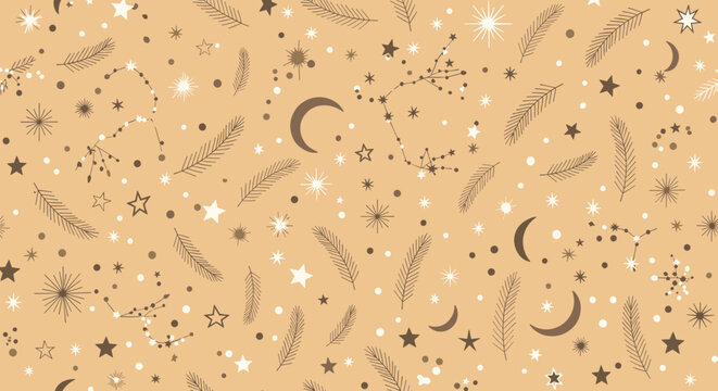 Seamless pattern background features celestial elements like crescent moons, constellations, sparkling stars, and pine branches.