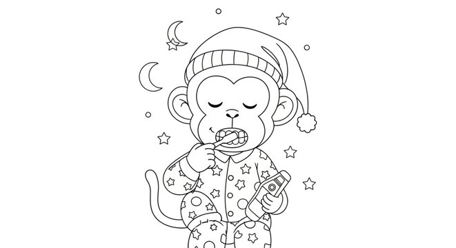 Cute monkey in pajamas and sleeping cap brushing teeth with toothpaste, stars and moon in the background, line art