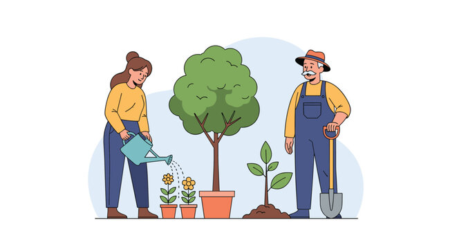 Senior gardener and a young woman collaborate in the garden watering plants and preparing the soil for new growth.