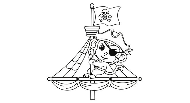 Cute cartoon monkey pirate with eye patch and hat on a ship's mast with Jolly Roger flag, black and white line art