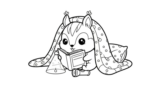 Cute cartoon chipmunk reading a book under a polka dot blanket, line art illustration for coloring