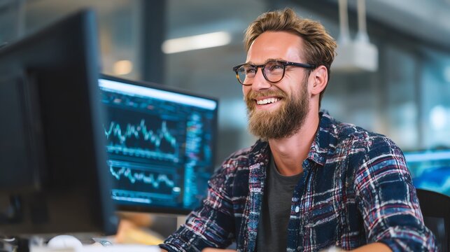cheerful analyst reviewing financial charts, dual monitors, office environment