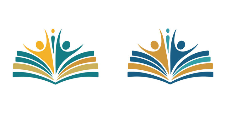 Empowering education logo open book with celebrating human figures vector illustration