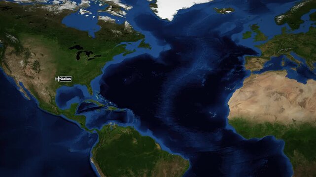 Animated Flight Route Map from Dallas to Manchester across the Atlantic Ocean