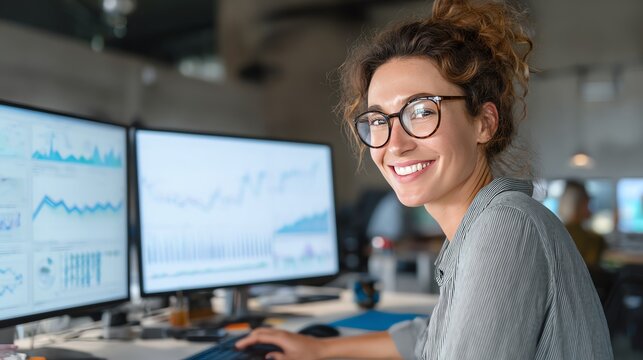 cheerful analyst reviewing financial charts, dual monitors, office environment
