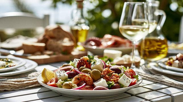Mediterranes Fr&uuml;hst&uuml;ck im Urlaub auf Tisch. Im Hintergrund sieht man das Meer