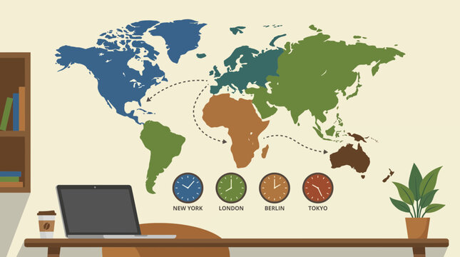 Time Zone Clocks and World Map on Digital Nomad Home Office Wall