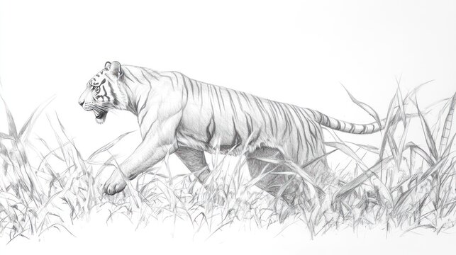 Black and white pencil sketch of a tiger prowling through tall grass, artistic illustration
