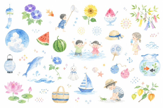 夏休みの水彩イラストセット