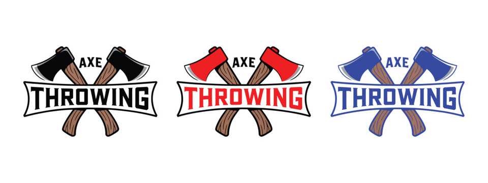 Flat design vector icons of axe throwing in three vibrant colors for sports gaming competition and outdoor activity promotions
