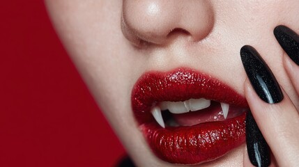 Obraz premium Sexy Vampire Woman lips with blood,Dripping blood on mouth, witches or beast creatures,female lips with fangs,horror holiday monsters,Vampire makeup Fashion Art design,Halloween banner background.