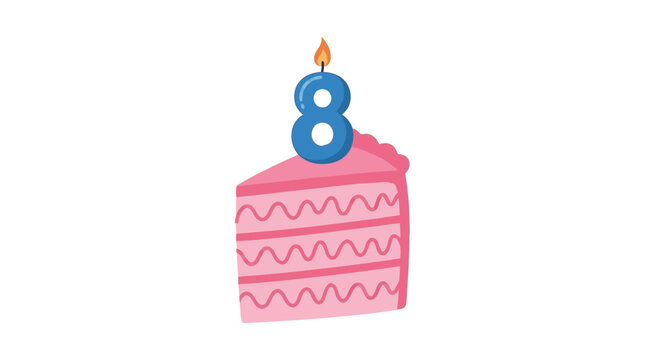 Festive colorful paraffin wax birthday cake candle in the shape of number eight featuring bright stripes on a plain white background for anniversary celebration or age milestone event.
