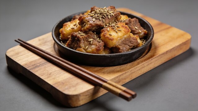 Traditional cumin lamb dish served on hot plate, closeup view