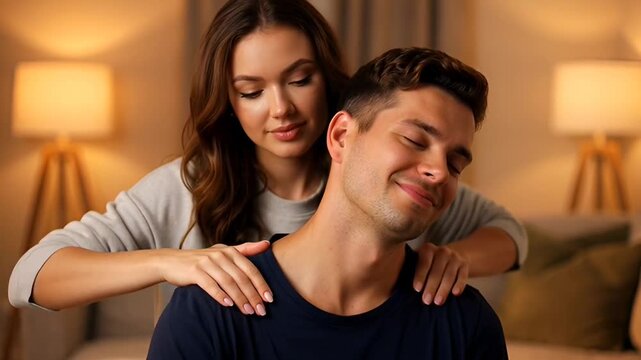 A Loving Touch - Woman Gives Man a Relaxing Neck Massage, Blooming Like Spring Flowers.