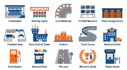 Naklejka premium Race Track Infrastructure and Paddock Facilities Vector Set