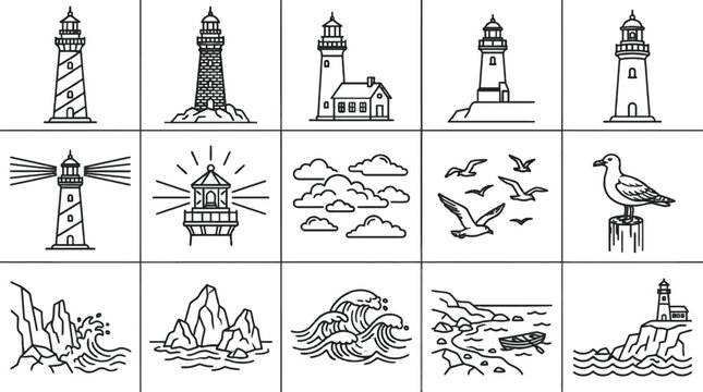 Minimalist Coastline Lighthouse and Ocean Elements Thin Line Vector Art
