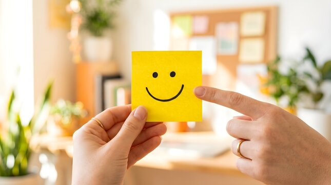 Person holding yellow smiley face sticky note in bright home office with plants