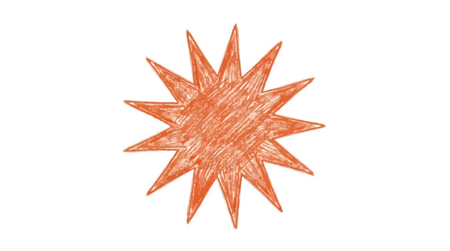 Vibrantly colored orange asterisk hand drawn with artistic brush strokes, a creative burst element or star shape symbol isolated on a clean white background for graphic design projects.