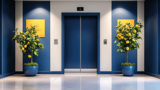 Modern Elevator doors of office or hotel hallway,lemon tree summer season decor santorini style,Lobby interior,scandinavian concept with lift,marble elegant lift for passenger or cargo elevators.