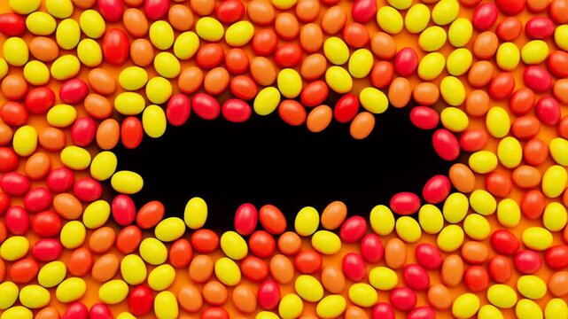 Static overhead shot of candy pieces sliding to reveal narrowing black oval void on white tabletop surface top down view