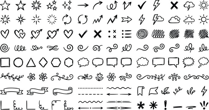 Hand drawn doodle elements black line art on transparent background
