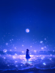 Fototapeta premium Floating Jellyfish and Girl