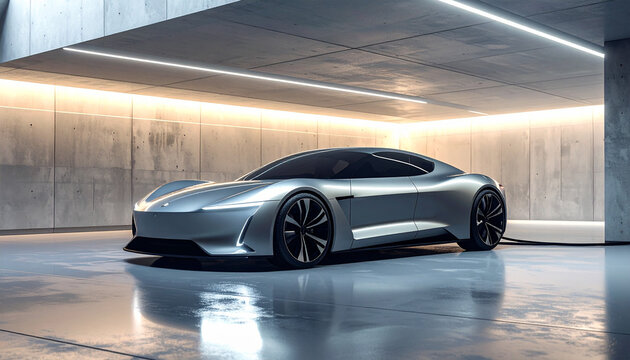 Hybrid Hypercar- A cutting-edge hybrid hypercar charging in a luxury minimalist